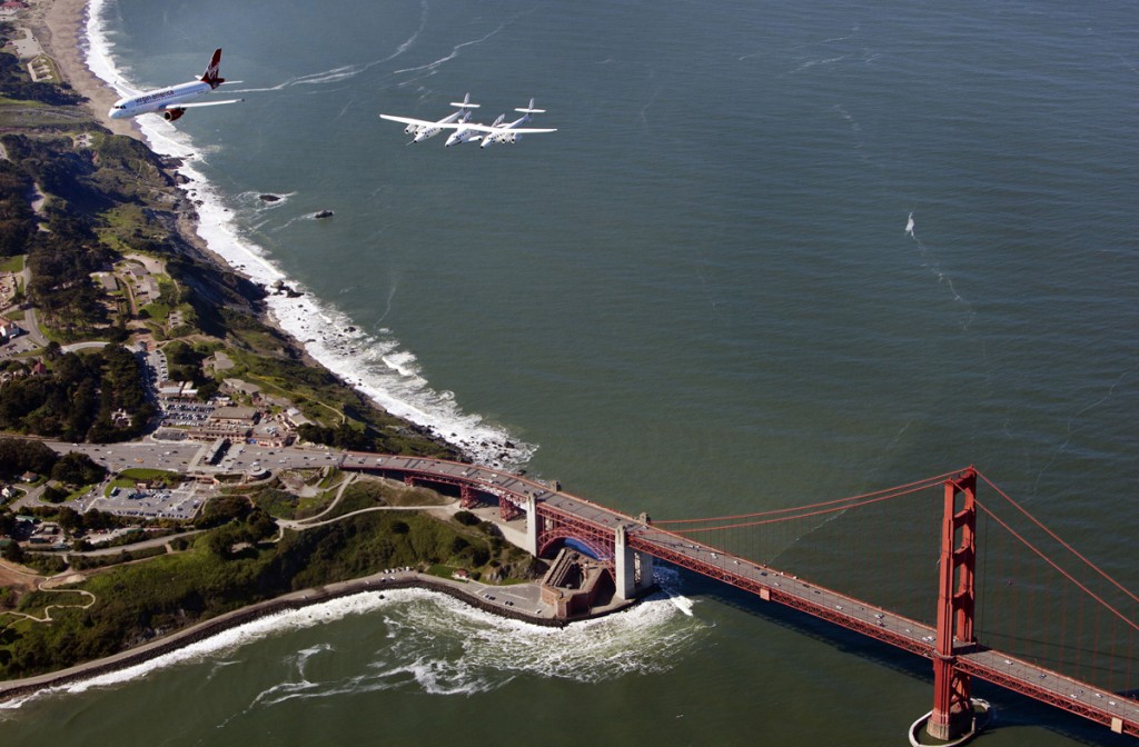 Virgin Galactic’s SpaceShipTwo with its mothership adjacent over the Golden Gate Bridge
